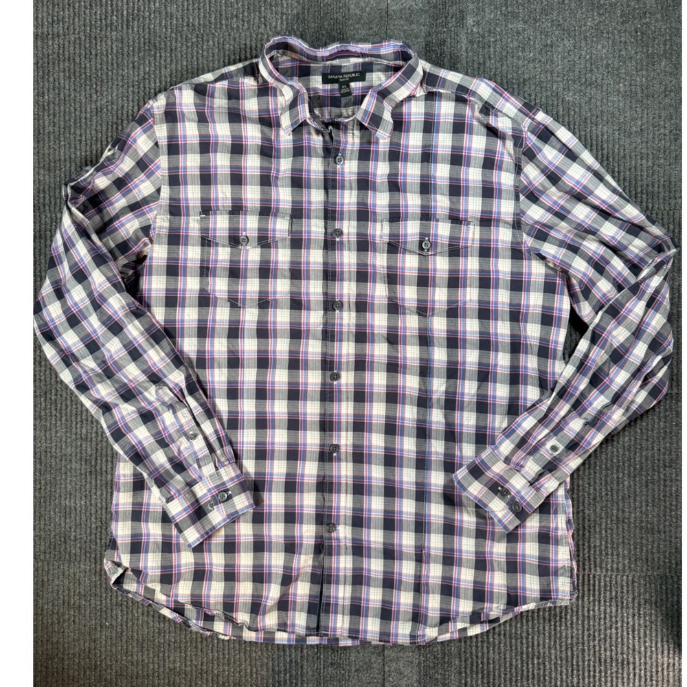 Banana Republic Slim Fit Plaid Button Down Shirt Mens XL Navy Pink Long Sleeve